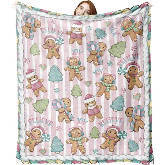 Christmas Gingerbread Man Flannel Blanket, Pink Xmas Tree Stripes Throw Blanket Gifts for Kids Men Women, Funny Holiday Soft Blanket for Bedding Sofa 50 x 60 Inch