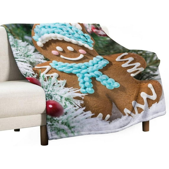 Christmas Gingerbread Man Flannel Fleece Throw Blanket Xmas Cookie 50x60 Inches Soft Blanket for Couch,Cozy,Warm,Lightweight