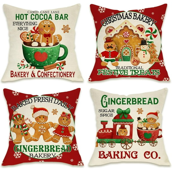 Christmas Gingerbread Man House Decorative Throw Pillow Cover 18x18 Set of 4, Xmas Bakery Hot Cocoa Porch Patio Outdoor Pillowcase, Winter Holiday Baking Lover Gifts Cushion Case Home Decor
