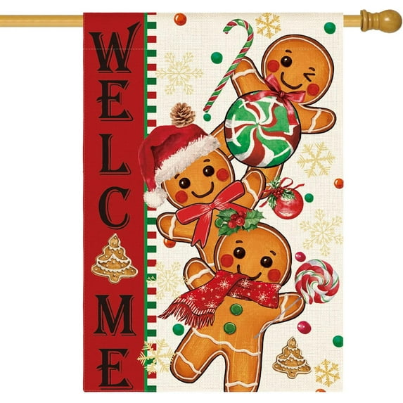Christmas Gingerbread Man House Flag 28x40 Inch Double Sided Outside, Welcome Winter Holiday Yard Outdoor Decorative Flag