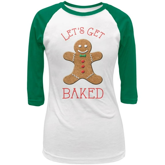Christmas Gingerbread Man Let's Get Baked Juniors 3/4 Raglan T Shirt White-Kelly X-LG