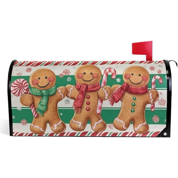 Christmas Gingerbread Man Mailbox Cover Candy Mailbox Covers Magnetic Mail Wraps Post Letter Box Cover Garden Decor Standard Size 18" X 21"