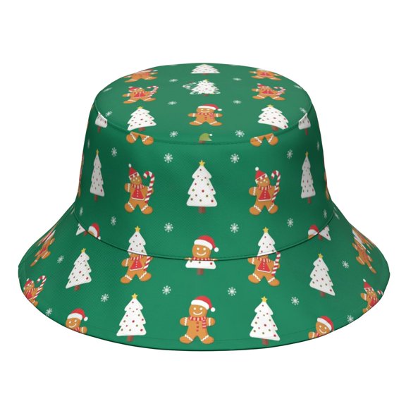 Christmas Gingerbread Man Pine Tree Bucket Hat, Fishing Hiking Cap with Wide Brim & Breathable Fabric, Lightweight Breathable Gifts for Unisex Men Women