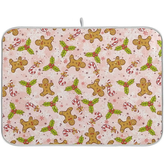 Christmas Gingerbread Man Pink Dish Drying Mat for Kitchen Winter Snowflake Candy Cane Microfiber Drying Mats Absorbent Reversible Dish Pad Medium Dish Draining Mat 16x18 inch