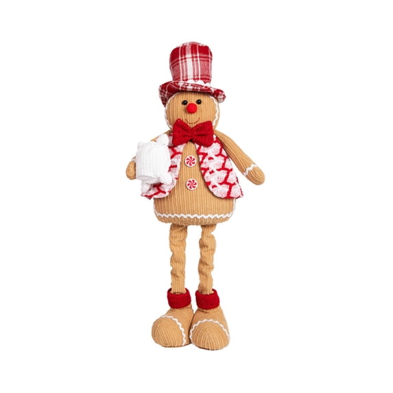 Christmas Gingerbread Man, Retractable Leg Standing Gingerbread Man Fabric Doll, Soft Stuffed Holiday Figurine, Plaid Cloth Standing Ornament for Mantel Shelf Tabletop, Home Holiday Party