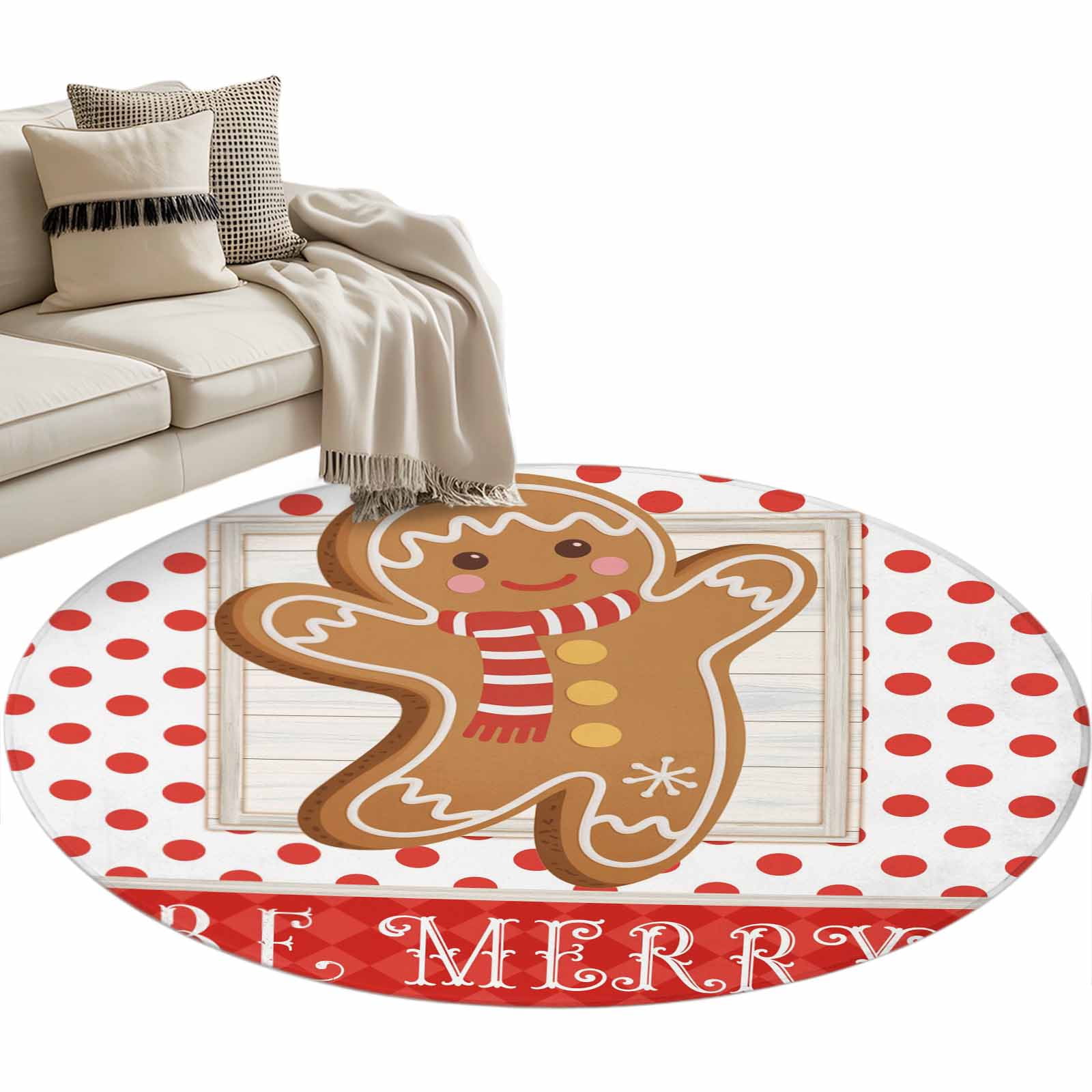 Christmas Gingerbread Man Round Area Rug 3ft Cute Red Polka Dot Be ...