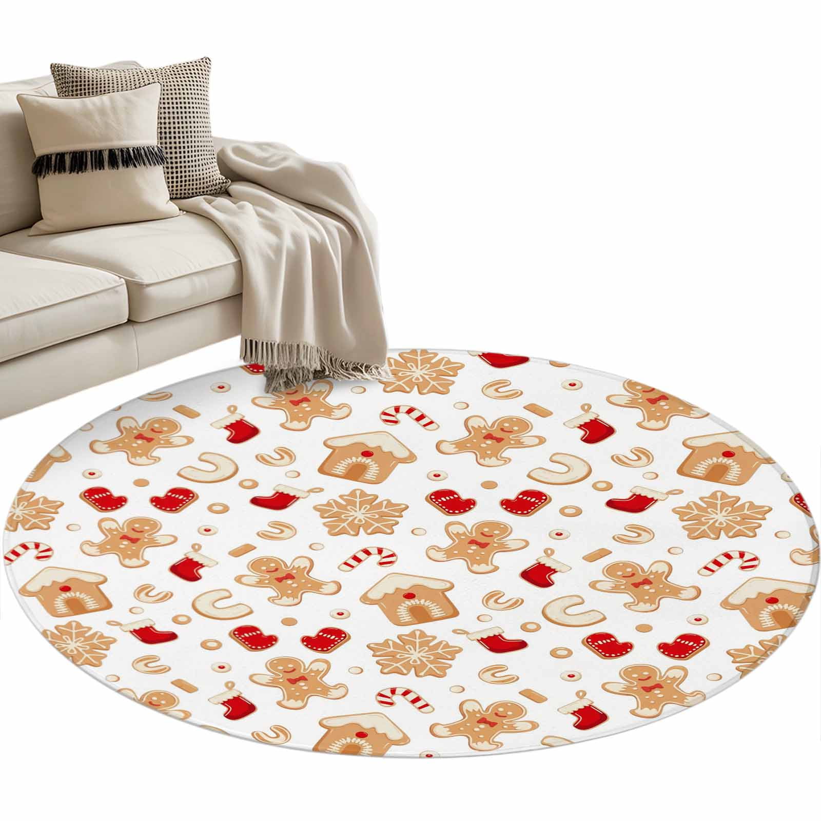 Christmas Gingerbread Man Round Area Rug 3ft Winter Snowflake Food ...