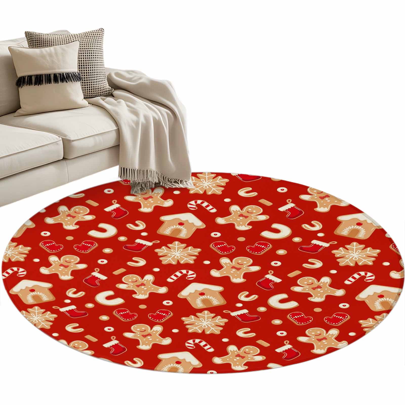 Christmas Gingerbread Man Round Area Rug 4ft Winter Snowflake Food Red ...