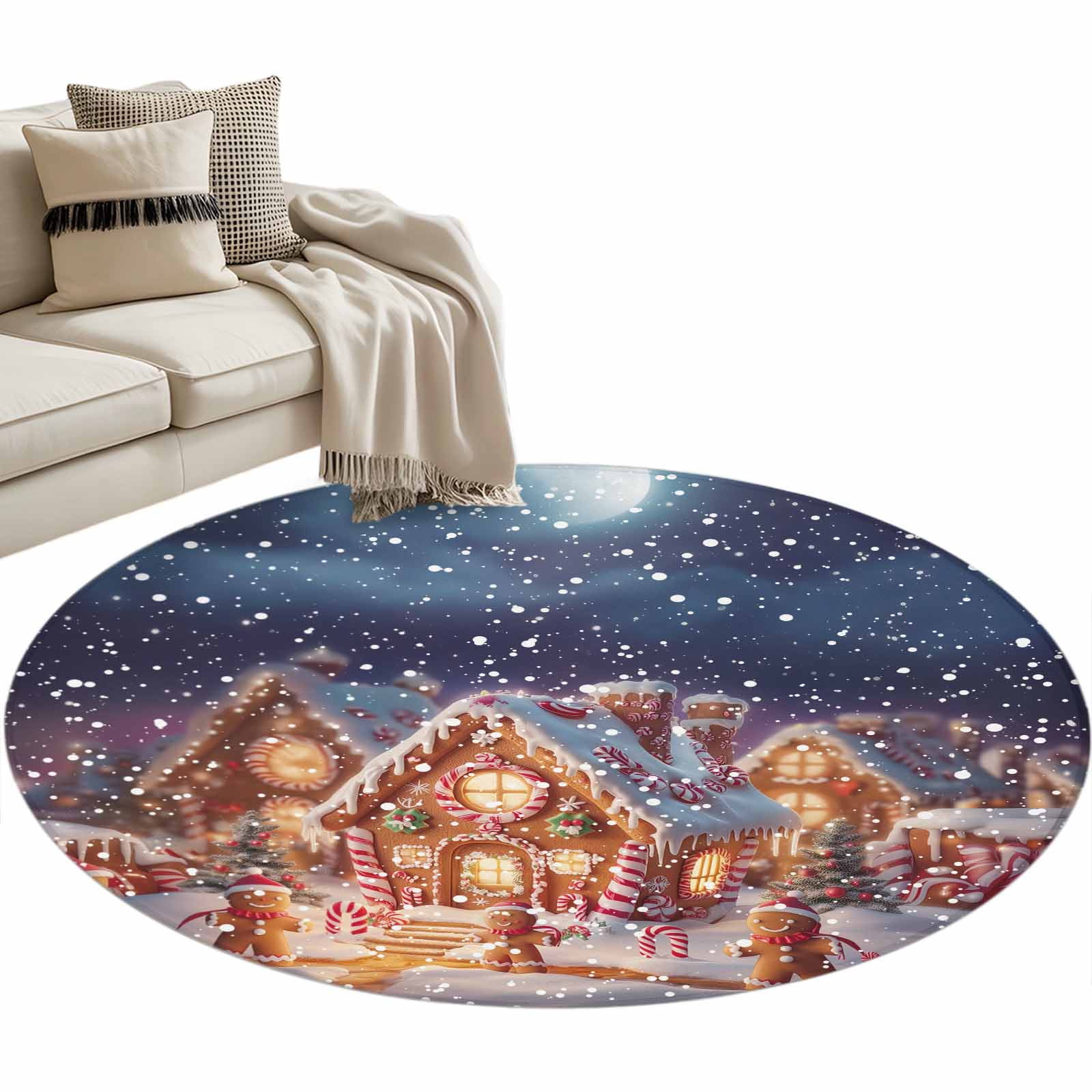 Christmas Gingerbread Man Round Area Rug 4ft Xmas Tree Candy House Non ...