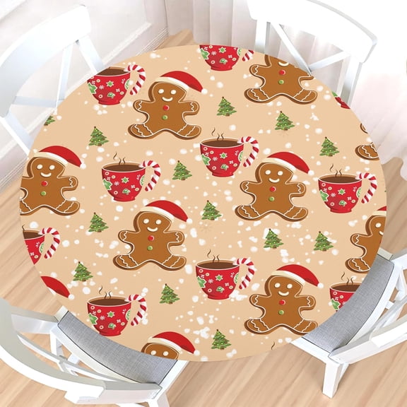 Christmas Gingerbread Man Round Fitted Tablecloth with Elastic Edge,Water-Resistant Wipeable Winter Xmas Ginger bread Table Cover for 40-44" Stretch Table Cloth for Dinner Indoor Outdoor Party
