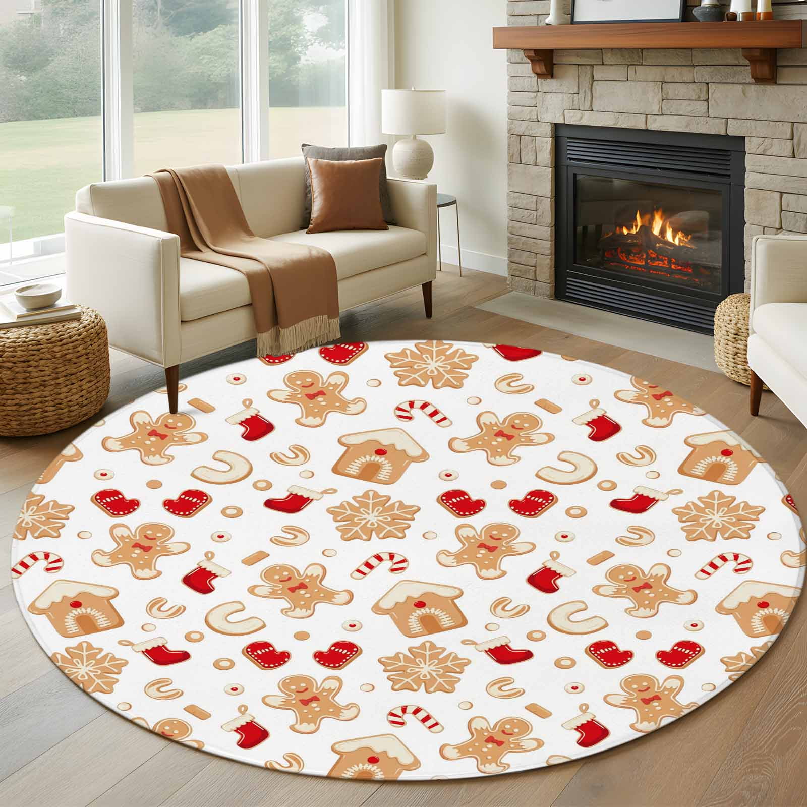 Christmas Gingerbread Man Round Living Room Rugs 8 ft, Winter Snowflake ...