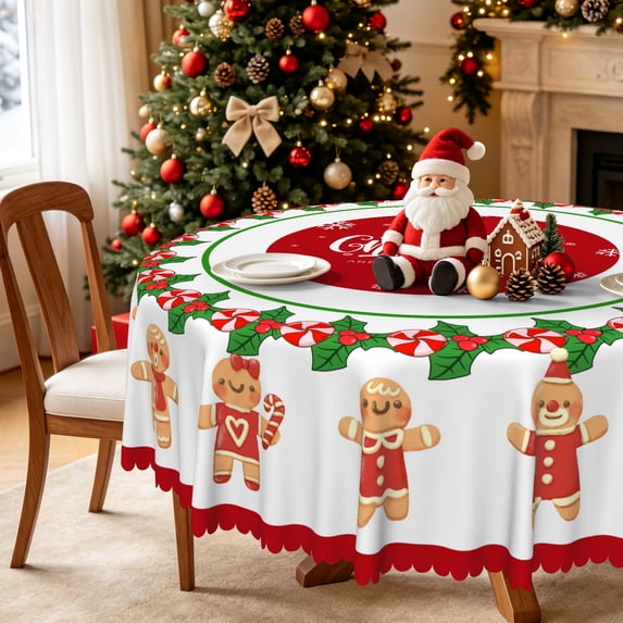 Christmas Gingerbread Man Round Tablecloth,60 Inch,Washable Decorative Table Cover for Family Xmas Party