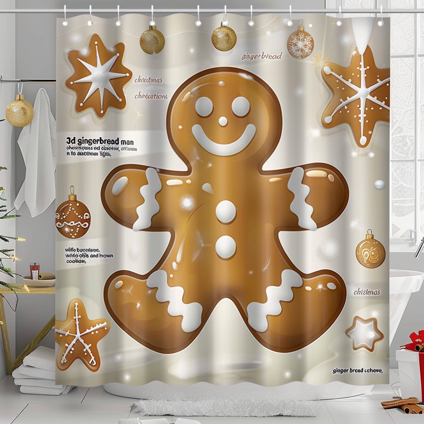 Christmas Gingerbread Man Shower Curtain with Cute Decorations Holiday Themed Bathroom Decor ...