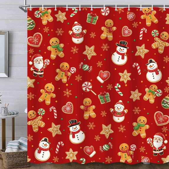 Christmas Gingerbread Man Shower Curtain, Cute Santa Snowman Candy Cane Xmas Pattern Red Shower Curtain for Bathroom, Winter Holiday Waterproof Fabric with Hooks 72x72inch