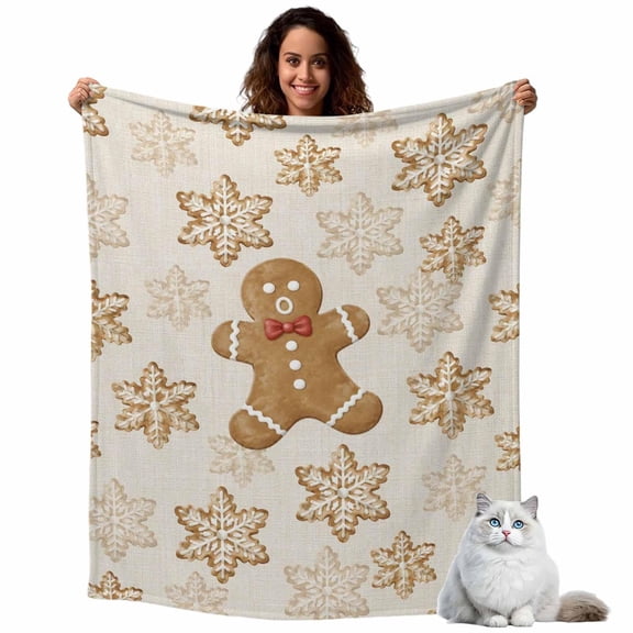 Christmas Gingerbread Man Snowflake Throw Blanket Flannel Fleece Throws, Cartoon Style Lightweight Super Soft Warm Blankets for Couch Sofa Bed All Season Use,30x40 IN