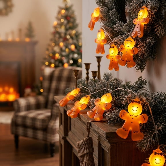Christmas Gingerbread Man String Lights, Hanging Lighted Gingerbread Decor, Christmas Decorations Indoor for Wall Fireplace Christmas Tree