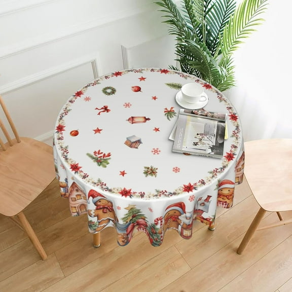 Christmas Gingerbread Man Tablecloth Washable Round Table Cover for Kitchen Dining Decoration 60 Inch