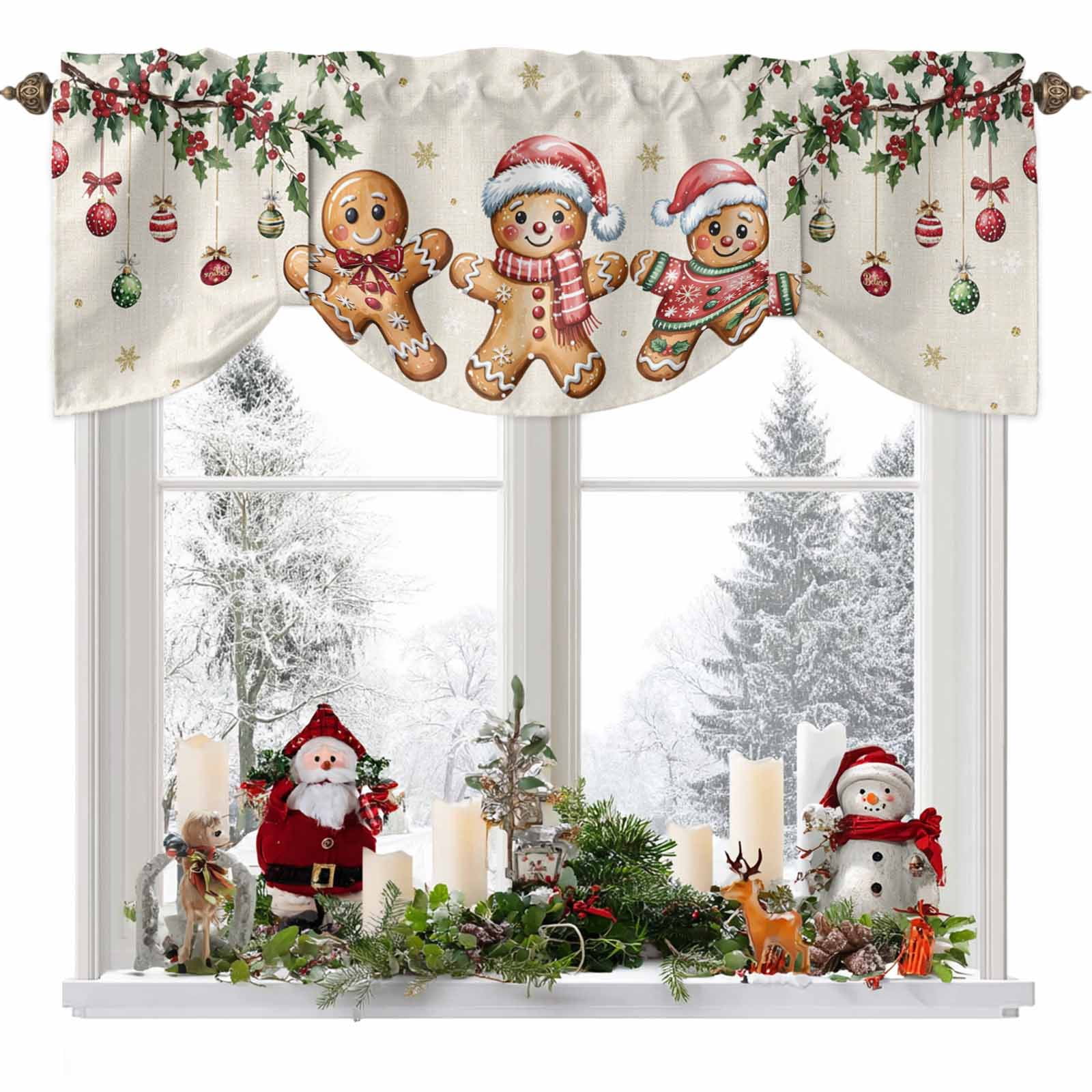 Christmas Gingerbread Man Tie Up Valances Curtain, Xmas Holly Berry Linen Texture Adjustable Rod Pocket Short Window Treatment Tie Up Curtains Valances for Kitchen Living Room Bathroom 54x18 In