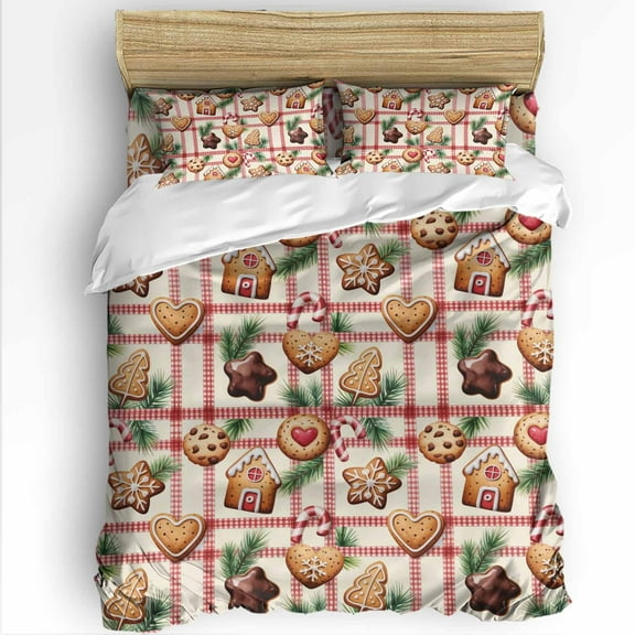 Christmas Gingerbread Man Twin Size Comforter Set, House Star Evergreen Bough Retro Soft Bedding for All Seasons, 4 Pcs Bed Set with 1 Comforter (68"x86") ,1Sheet(66"x116"), 2 Pillowcases (19"x29")