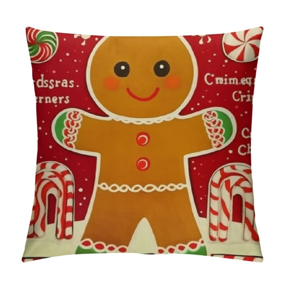 Christmas Gingerbread Man Wishes Candy Cane Kisses Throw Pillow Cover, Xmas Holiday Red White Polka Dots Home Decorations, Winter Seasonal Cushion Case for Sofa Couch Decors