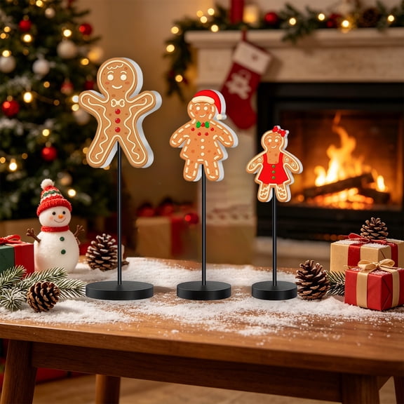 Christmas Gingerbread Man Wooden Standing Decor Kit, Three Styles Gingerbread Cutout Table Signs with Support Rods and Bases, 6.69 Inch Winter Tabletop Holiday Decor