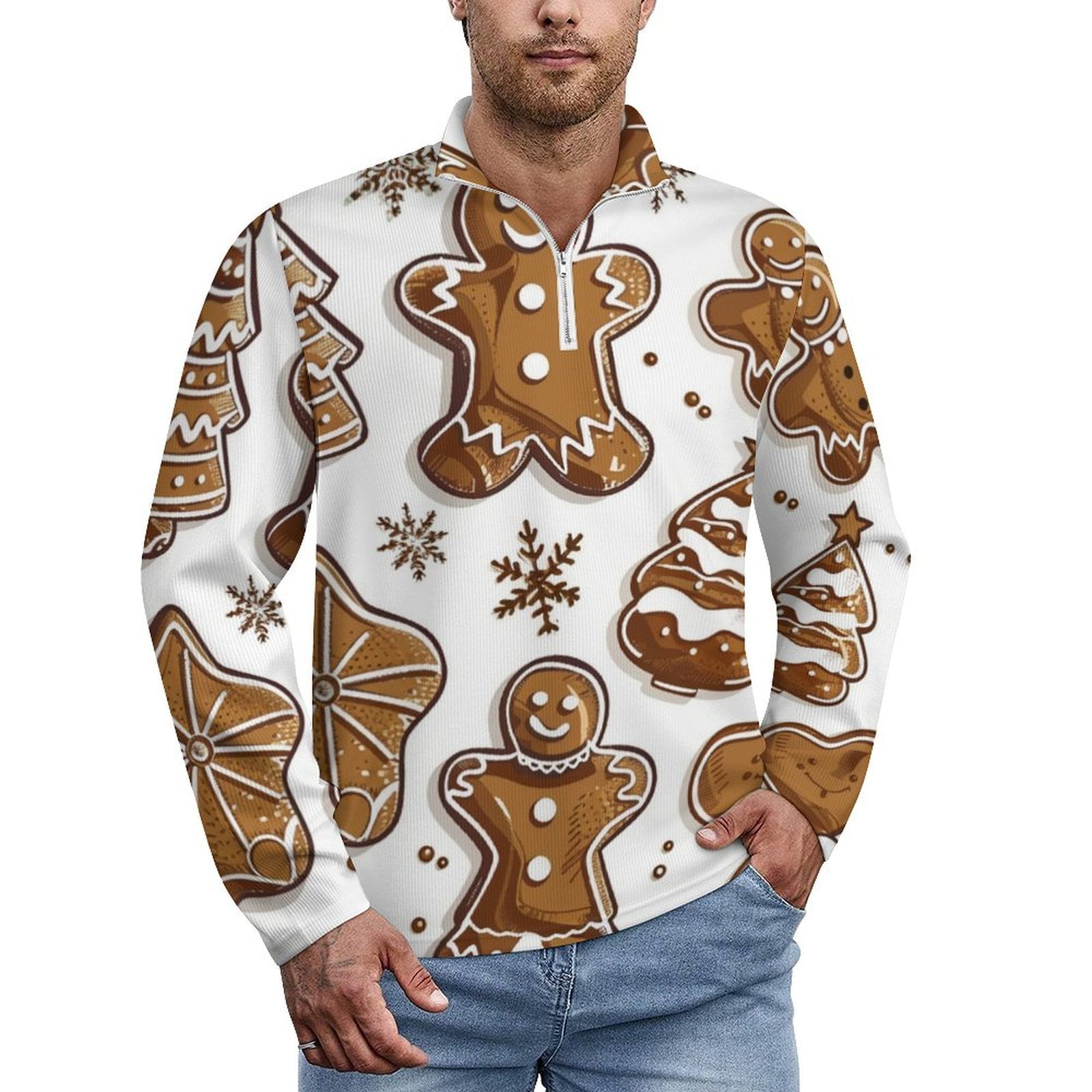Gingerbread Man Pattern Long Sleeved Pullover Sweater