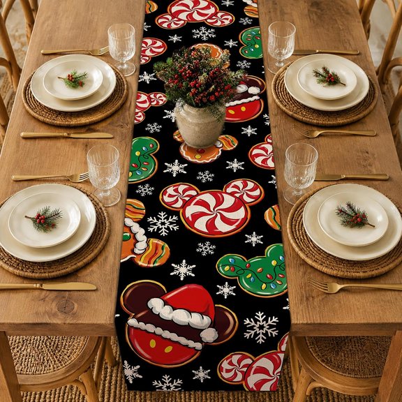 Christmas Gingerbread Peppermint Candy Dining Table Runner, Winter Snowflake Festive Cookie Print Kitchen Decoration, Holiday Style Home Ornament, Indoor Outdoor Xmas Party Tabletop Supply 13''x72''