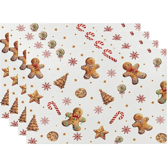 Christmas Gingerbread Placemats Set of 4, 12x18 Inch Xmas Cookie Seasonal Winter Holiday Table Place Mats for Kitchen Dining Home Party Decor