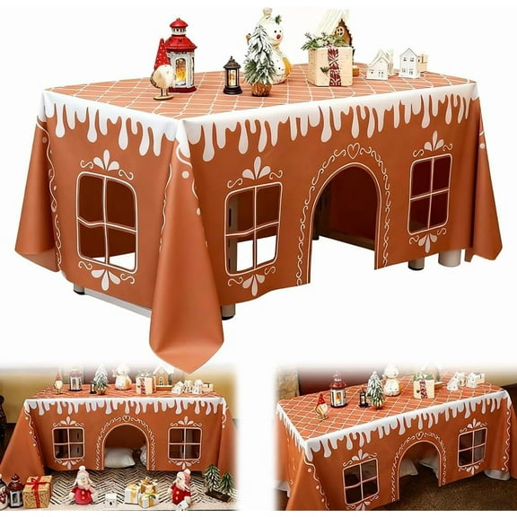 Christmas Gingerbread Playhouse 5 x 6 ft Large Tablecloth for Kids Table Tent Indoor & Outdoor Table Cover Playhouse for Xmas Family Gathering Winter Holiday Birthday Party Supplies(S+L)