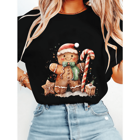 Christmas Gingerbread Print Tshirts Christmas Cake Graphic Tees Fashion Xmas Shirts Short Sleeve Casual Tops for Holiday Black,M