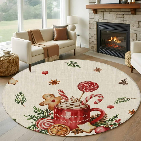 Christmas Gingerbread Round Area Rug 6 FT,Non Slip Bedroom Area Rug,Winter Xmas Ball Candy Pine Leaf Beige Washable Soft Circular Carpet Floor Mat for Kitchen Dining Room Home Office Kids Room