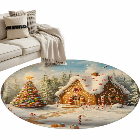 Christmas Gingerbread Round Area Rug 3ft House Xmas Tree Snow-covered ...