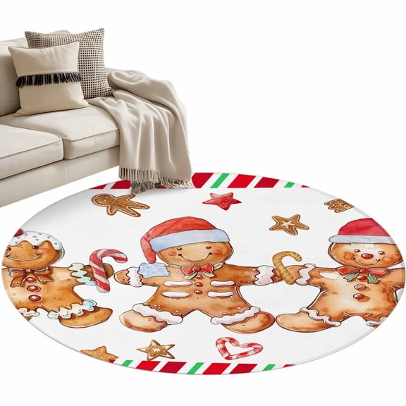 Christmas Gingerbread Round Area Rug 3ft Man Candy Xmas Non-Slip Washable Circle Rugs Soft Felt Indoor Floor Mat for Bedroom Kitchen Living Room Bathroom
