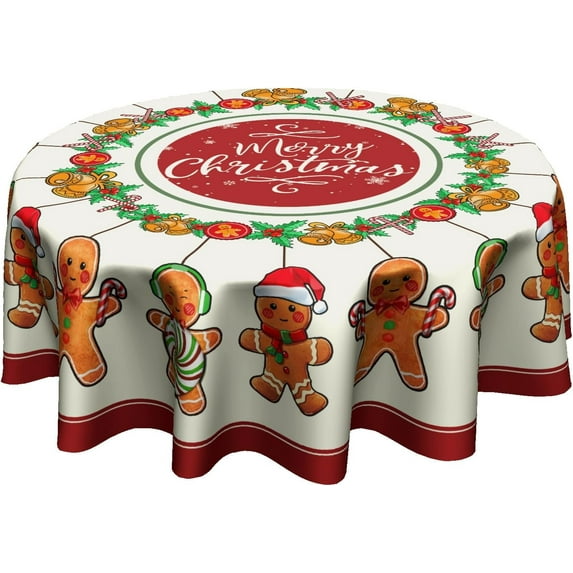 Christmas Gingerbread Round Table Cloth - Winter Gingerbread Man Tablecloth 60 Inch Xmas Candy Canes Table Cover Decorative for Kitchen Party Banquet Holiday