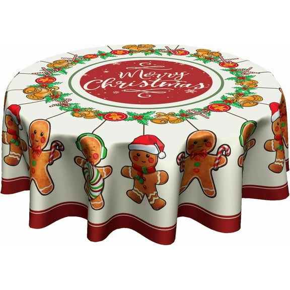 Christmas Gingerbread Round Table Cloth - Winter Gingerbread Man Tablecloth 60 Inch Xmas Candy Canes Table Cover Decorative for Kitchen Party Banquet Holiday