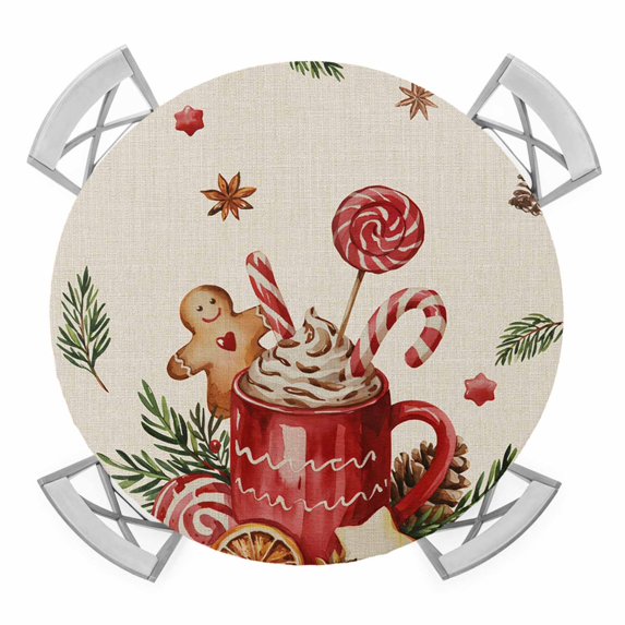 Christmas Gingerbread Round Tablecloth for 36-44 Inch Tables,Fitted Table Cover with Elastic Edge,Winter Xmas Ball Candy Pine Leaf Beige Waterproof Outdoor Table Cloth Protector for Patio Dinner