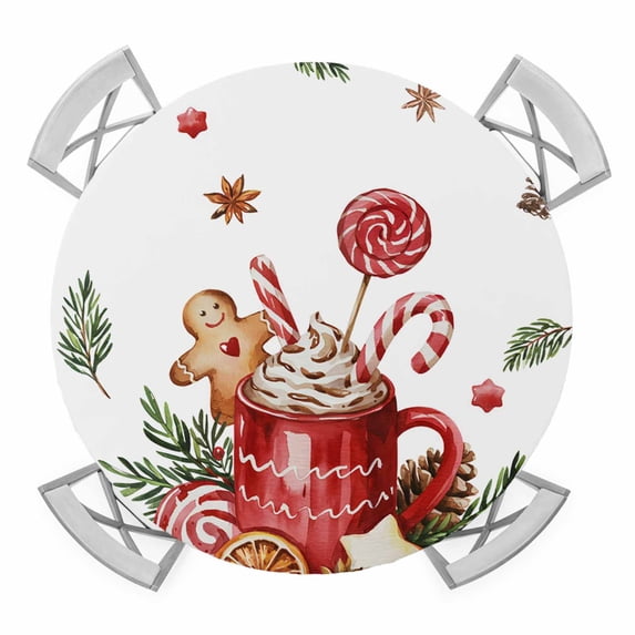 Christmas Gingerbread Round Tablecloth for 45-54 Inch Tables,Fitted Table Cover with Elastic Edge,Winter Xmas Balls Candy Pine Leaf Waterproof Outdoor Table Cloth Protector for Patio Garden Dinner