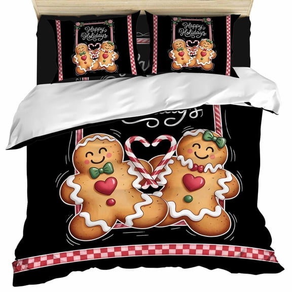 Christmas Gingerbread Set of 4 Bedding Quilt Covers, Xmas Berry Black Checkered 4-Piece Bed Sheet Set with Extra Soft Bed Sheets Quilt Cover Pillowcase, Queen