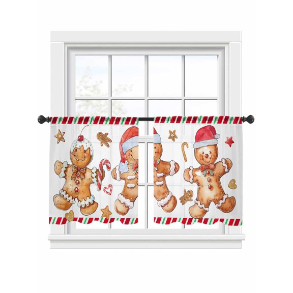 Christmas Gingerbread Sheer Curtains 45 inches Long 2 Panels Set Man Candy Xmas Tiers Sheers Rod Pocket Small Window Short Curtains for Kitchen Cafe, Each 52" W x 45" L