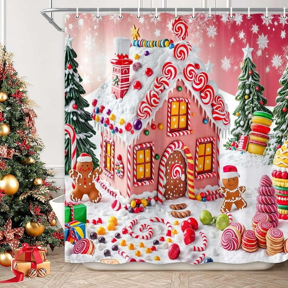 Christmas Gingerbread Shower Curtain, Pink Candy House Kids Candyland Christmas Winter Wonderland Bathroom Curtain, Pine Tree Xmas New Year Holiday Home Bathtub Decor Curtains with 12 Hooks