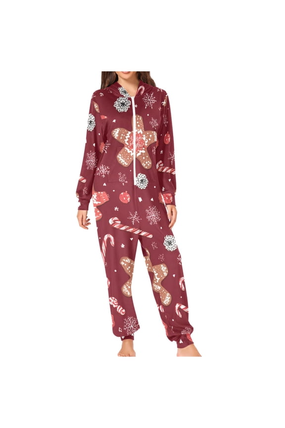 Christmas Gingerbread Skeleton with Candy Cane Adult's Hoodie Onesie Jumpsuit One-Piece Pajamas with Zipper Unisex for Holiday M