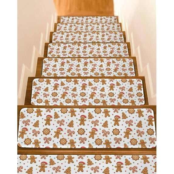 Christmas Gingerbread Stair Treads for Wooden Steps Indoor Runner Rug Carpet, Xmas Winter Cute Cane Candy Tree 10 Pieces Peel and Stick Staircase Step Treads Covers Washable Throw Door Mats, 30"x8"