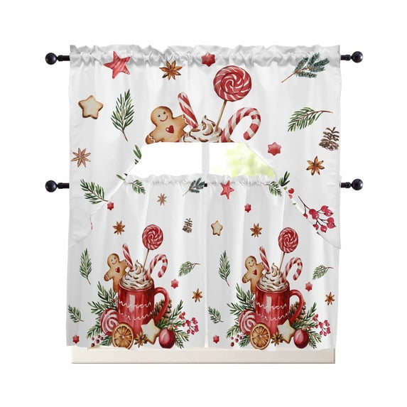 Christmas Gingerbread Swag Kitchen Curtains Sets for Windows 24 Inch Length, Winter Xmas Balls Candy Pine Leaf Short Window Curtain Panels Swags Valances and Tiers 3 Piece Set for Cafe/Dining Room