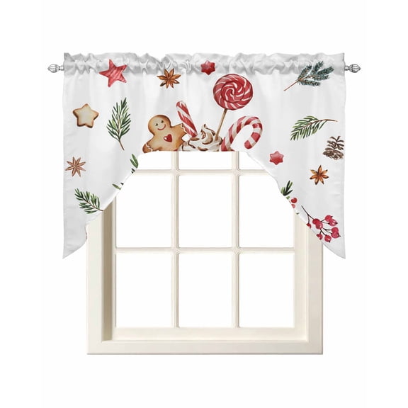 Christmas Gingerbread Swag Valances for Windows, Small Curtains Drapes, Winter Xmas Balls Candy Pine Leaf Kitchen Window Curtains Over Sink Window Treatment Valance for Bedroom/Bathroom 56"x36"