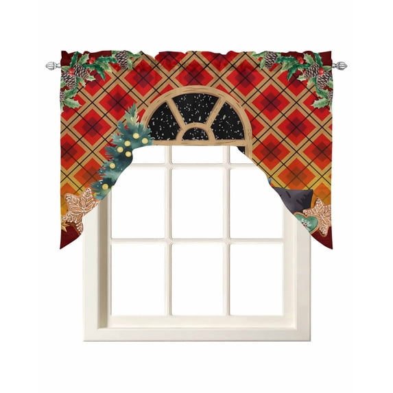 Christmas Gingerbread Swag Valances for Windows, Small Curtains Drapes, Winter Xmas Tree Berry Pine Fruits Kitchen Window Curtains Over Sink Window Treatment Valance for Bedroom/Bathroom 56"x36"