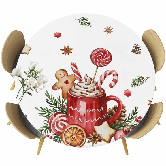 Christmas Gingerbread Table Cloth, Round Fitted Tablecloths with Elastic Edge, Winter Xmas Balls Candy Pine Leaf Wipeable Waterproof Table Cover for Kitchen Wedding 55-60 Inches