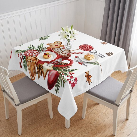 Christmas Gingerbread Table Cloth Waterproof Tablecloths, Winter Xmas Balls Candy Pine Leaf Tablecloth Dining Table Cover for Kitchen Party Tabletop Outdoor, Square Tablecloth 60x60 Inch