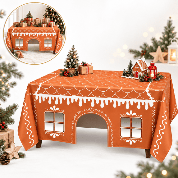 Christmas Gingerbread Table Playhouse Cover, Polyester Holiday Tablecloth with Door and Window Details for Indoor Fort Style Decorating (M)