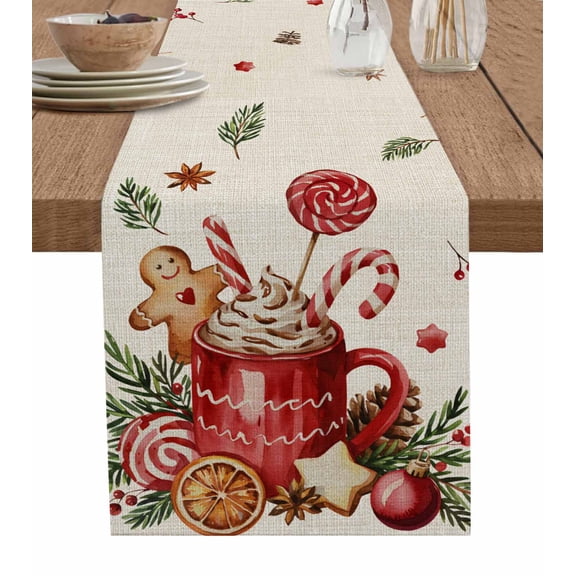 Christmas Gingerbread Table Runner 36 Inches, Winter Xmas Ball Candy Pine Leaf Beige Bed Runner Dresser Scarves Tabletop for Indoor Outdoor Parties/Ceremony/Banquet, 13"x 36"