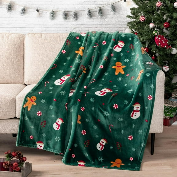 Christmas Gingerbread Throw Blanket Green Holiday Christmas Fleece Blanket Soft Plush Warm Winter Cabin Throw 50x60 (Green Gingerbread)